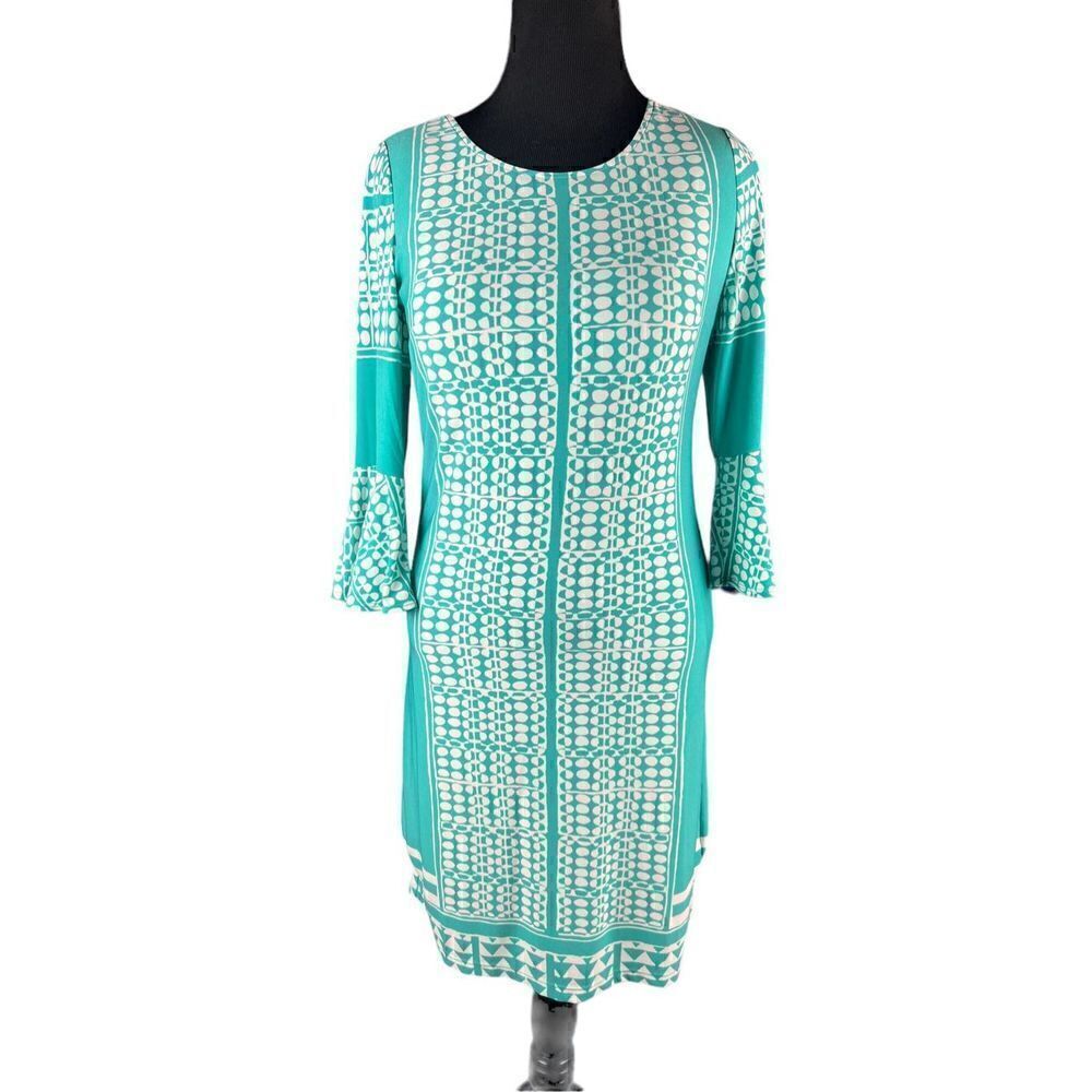 Susan Graver geometric teal blue green flutter bell sleeve liquid knit dress XS